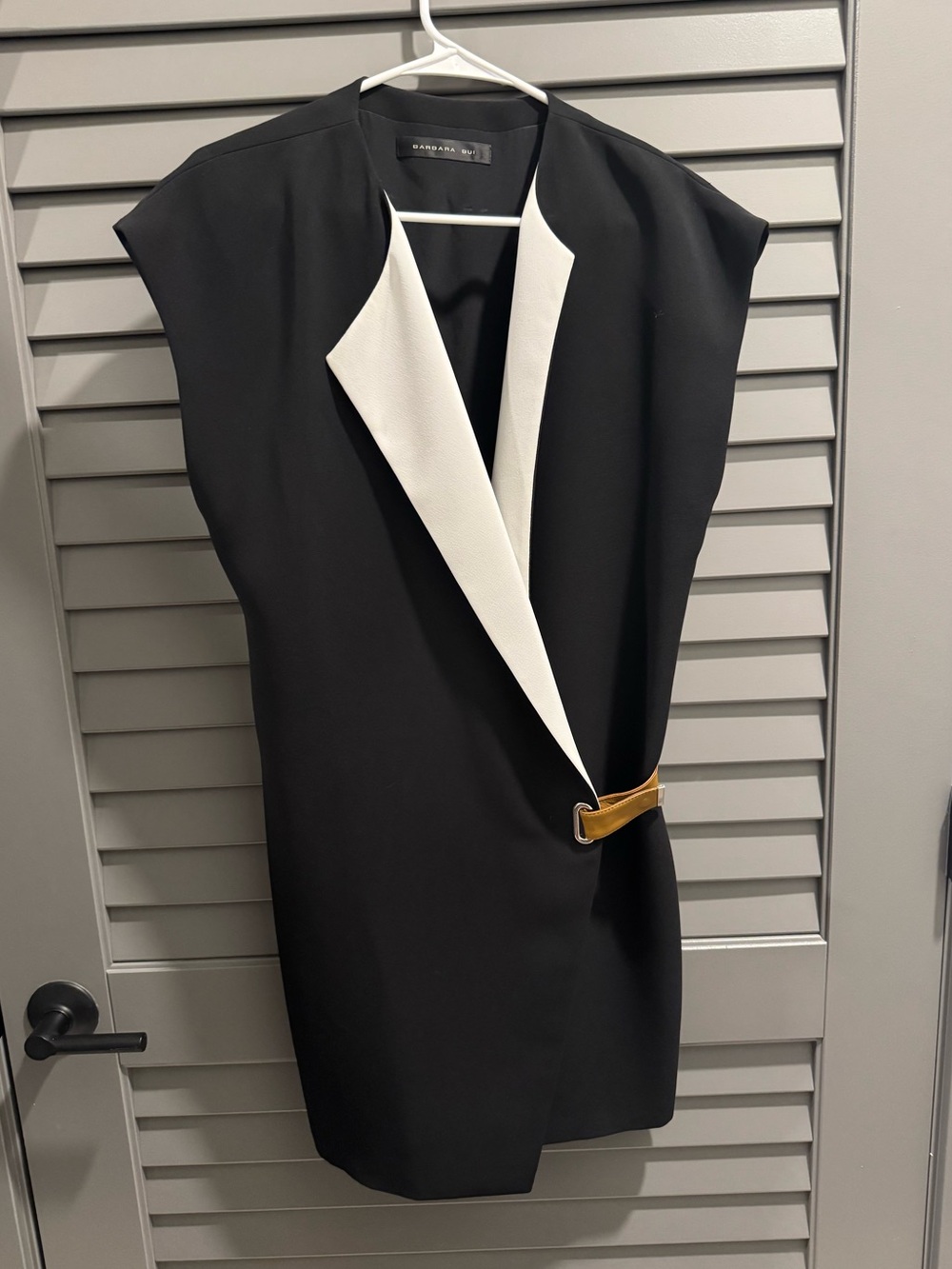 Barbara Bui Black Mini Dress with White Lapel and Gold Buckle